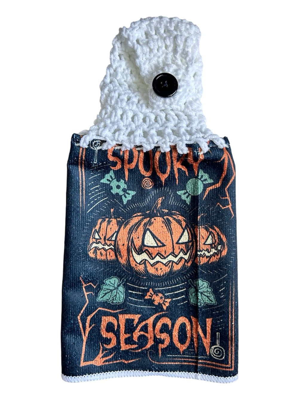 Hand Crafted Halloween Spooky Season Pumpkin Hanging Hand Towel - Black & Orange - Picture 3 of 7